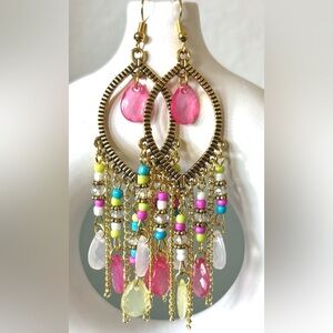 Pink Lime Turquoise Boho Gold Cut Out Teardrop Beaded Dangle Chandelier Earrings